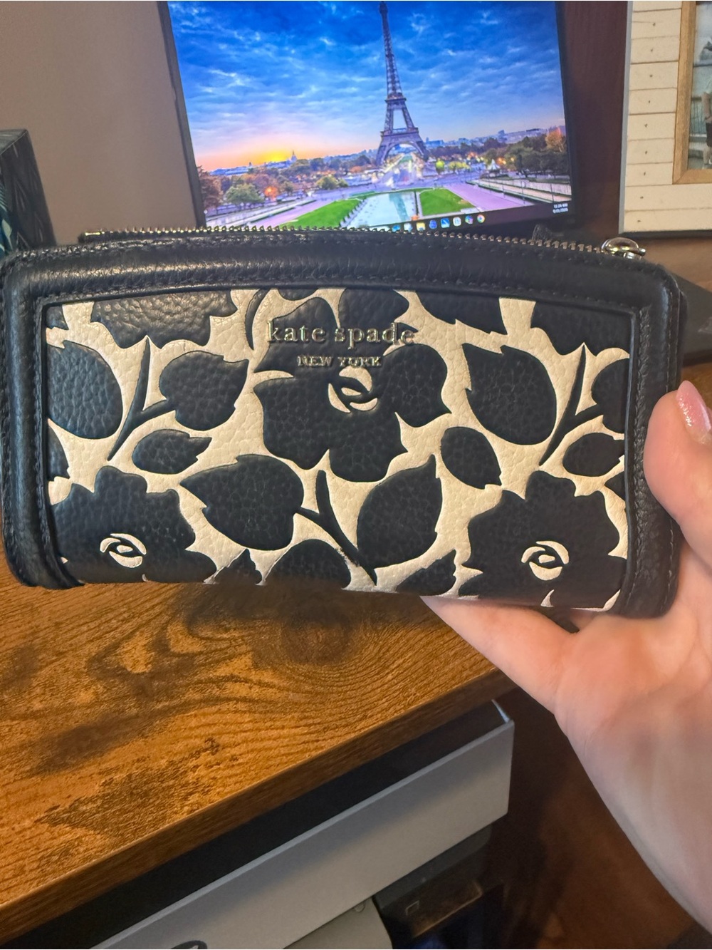 kate spade black and gold floral leather zip wallet
